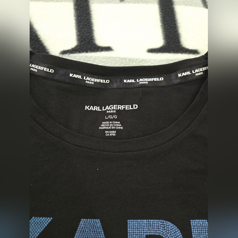 Karl Lagerfeld Paris Black T-Shirt with Blue Graphic Medium & Large NEW - Picture 11 of 15